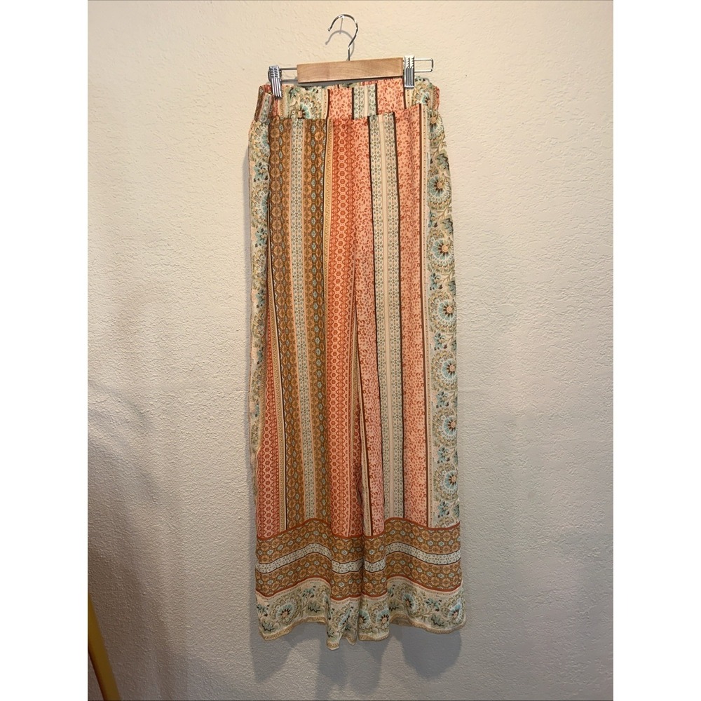 Tacera Bohemian Summer Wide-leg Chiffon Pants In Pink Orange Striped Print M